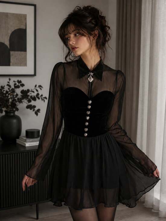 Dorothy Schoelen Tops - Vintage Platinum Sheer Velvet Babydoll Top Whimsigoth Dark Academia Y2K Petite